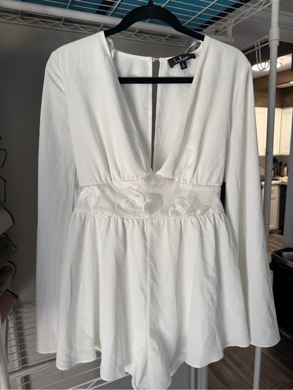 Lulu's White Long-Sleeve V-Neck Romper Dress with Embroidered Waist